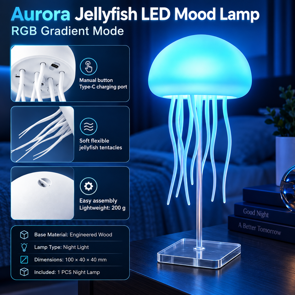 Aurora Jellyfish LED mood lamp, color-changing night light – view 4