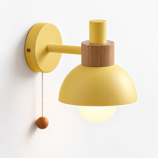 Nordic Glow wood and metal wall sconce with pull cord