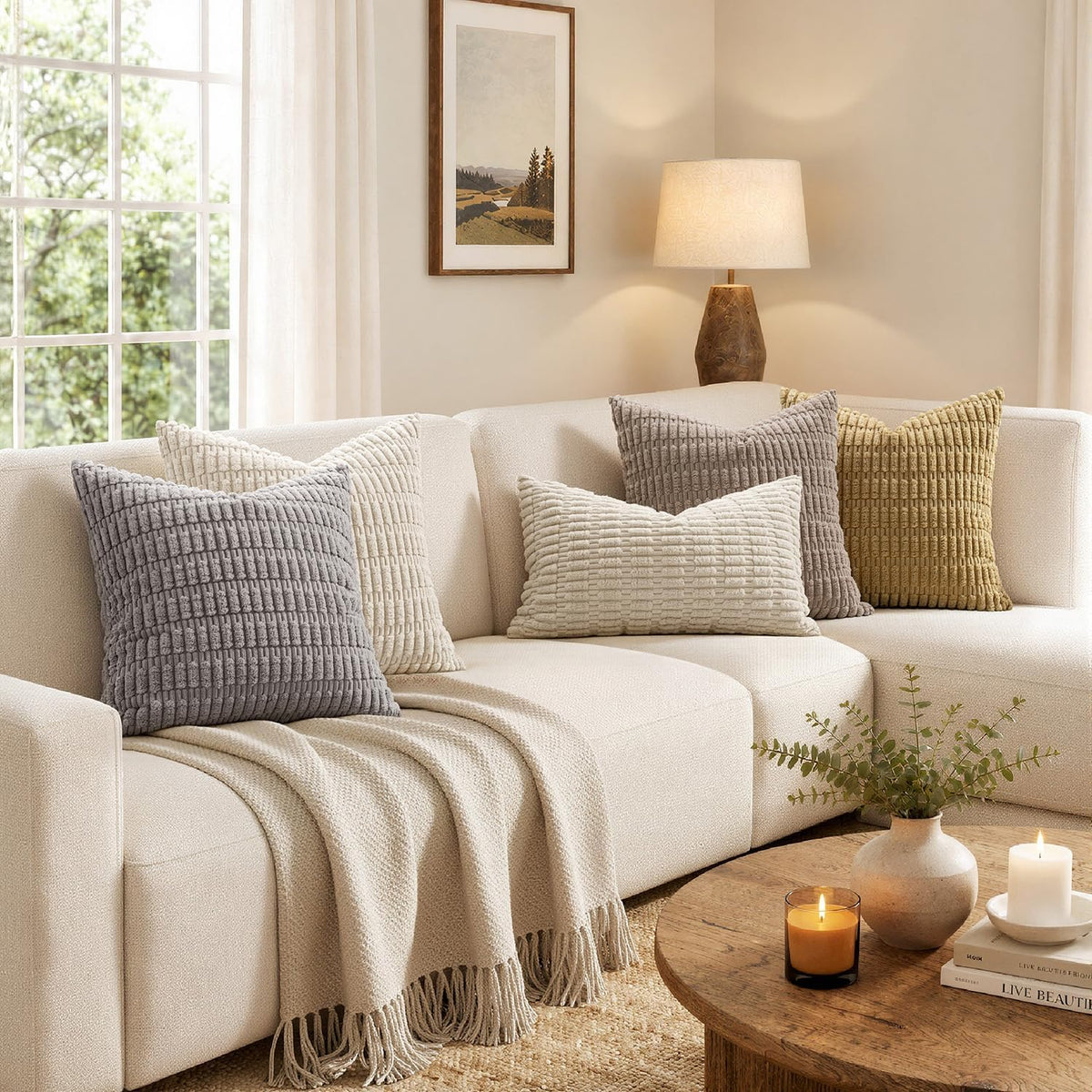 Chunky corduroy pillow covers 18x18 in cream, gray, taupe and mustard on a cozy living room sofa