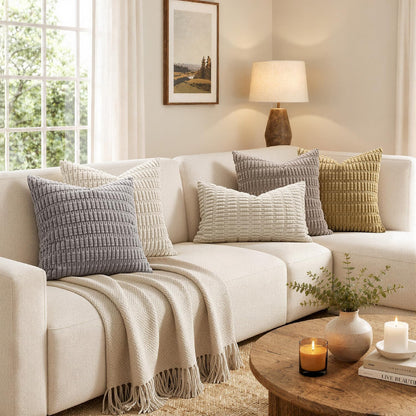 Chunky corduroy pillow covers 18x18 in cream, gray, taupe and mustard on a cozy living room sofa