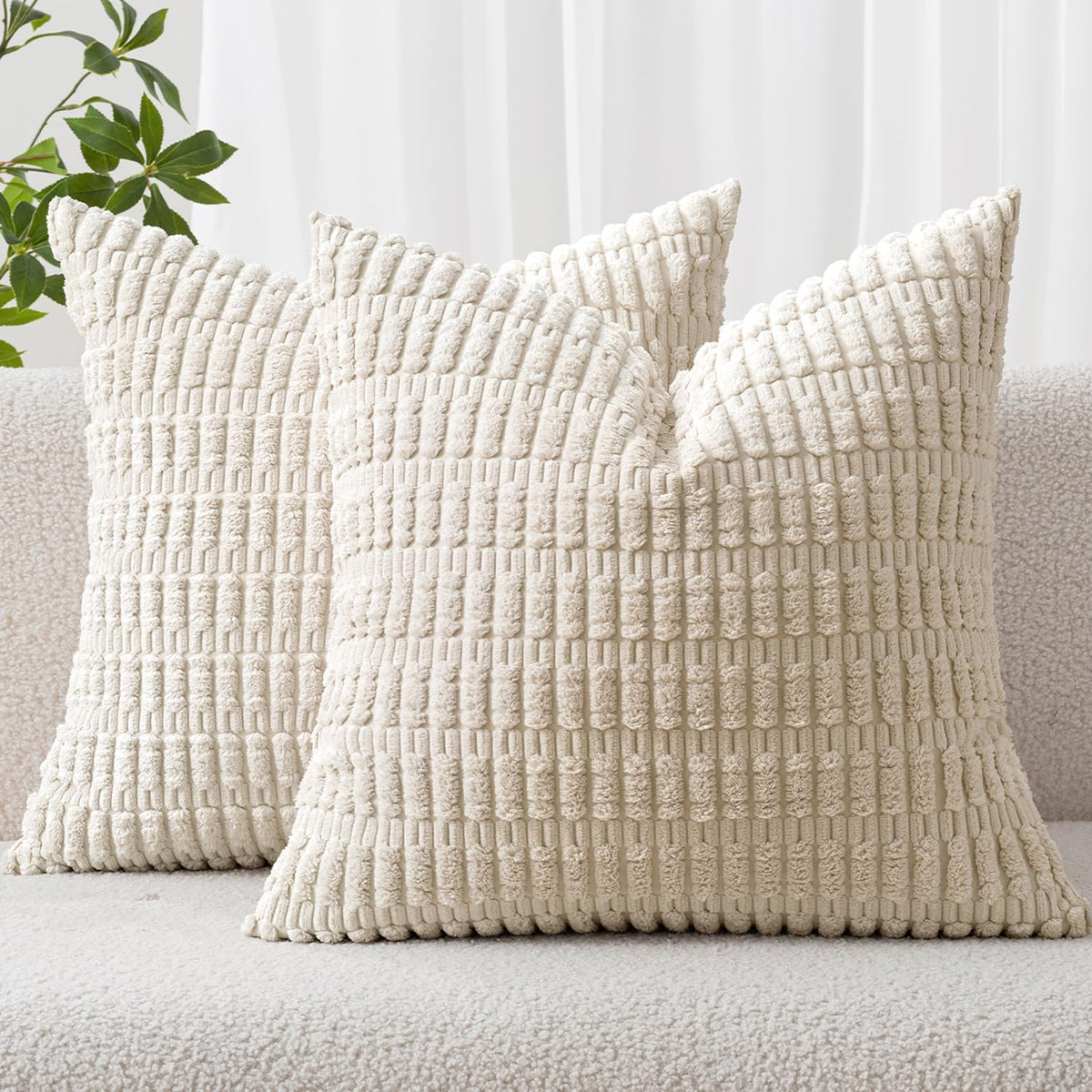 Set of 2 cream chunky corduroy pillow covers, 18x18 in