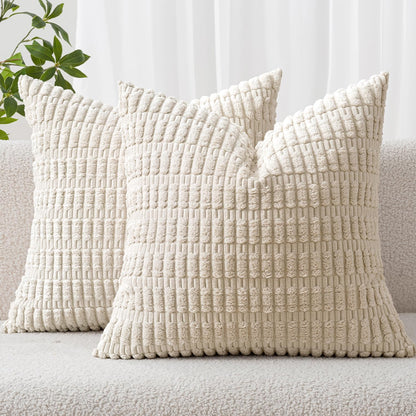 Set of 2 cream chunky corduroy pillow covers, 18x18 in