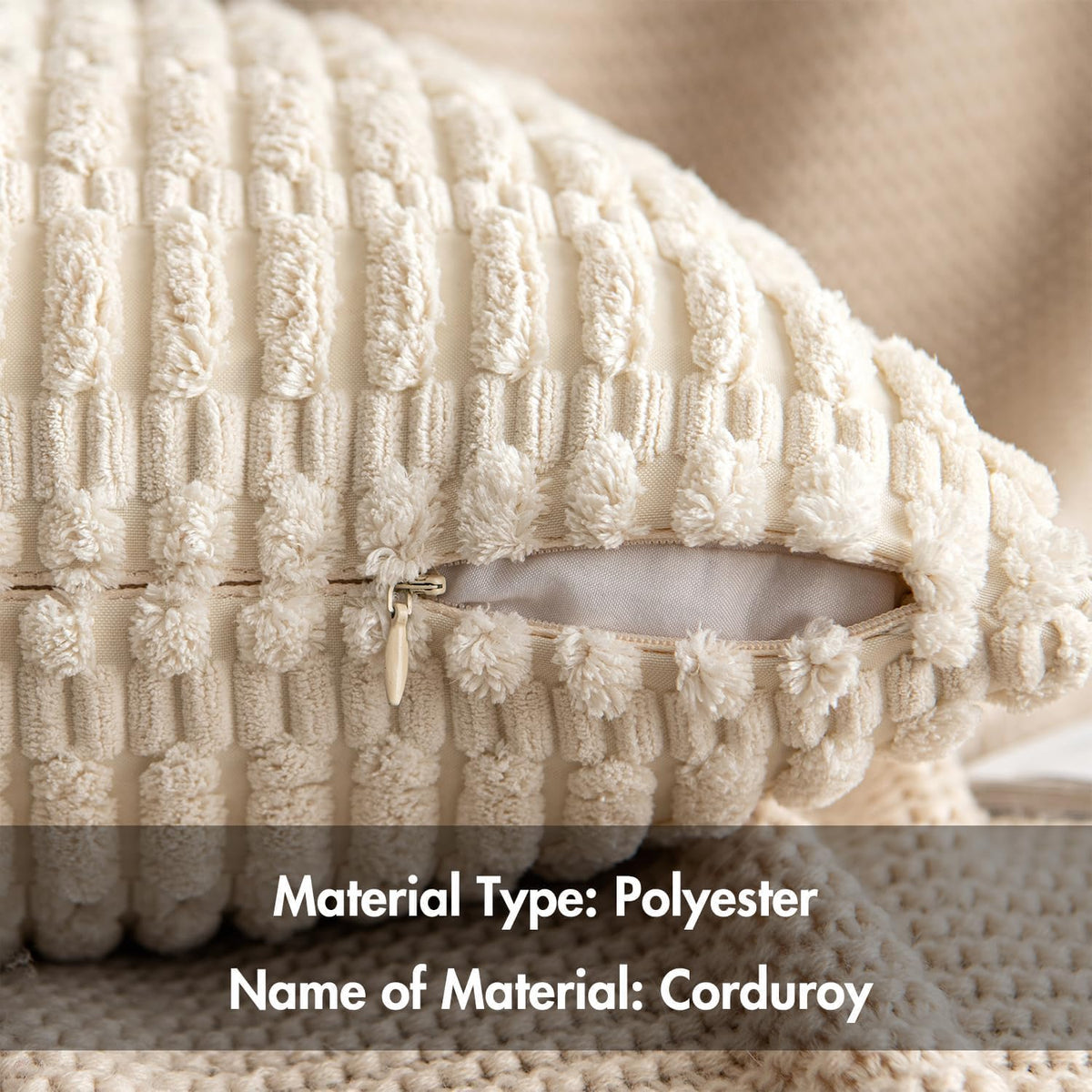 Close-up of soft polyester corduroy texture and hidden zipper